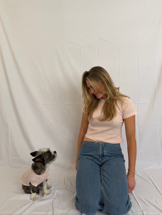 hot dog blush pink pointelle knit baby tee and matching dog tee set. Model wears tee and jeans.