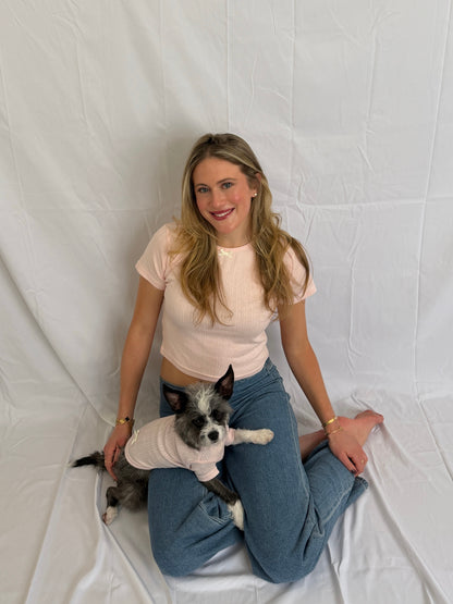 The Pointelle Tee Set in blush pink, lifestyle view