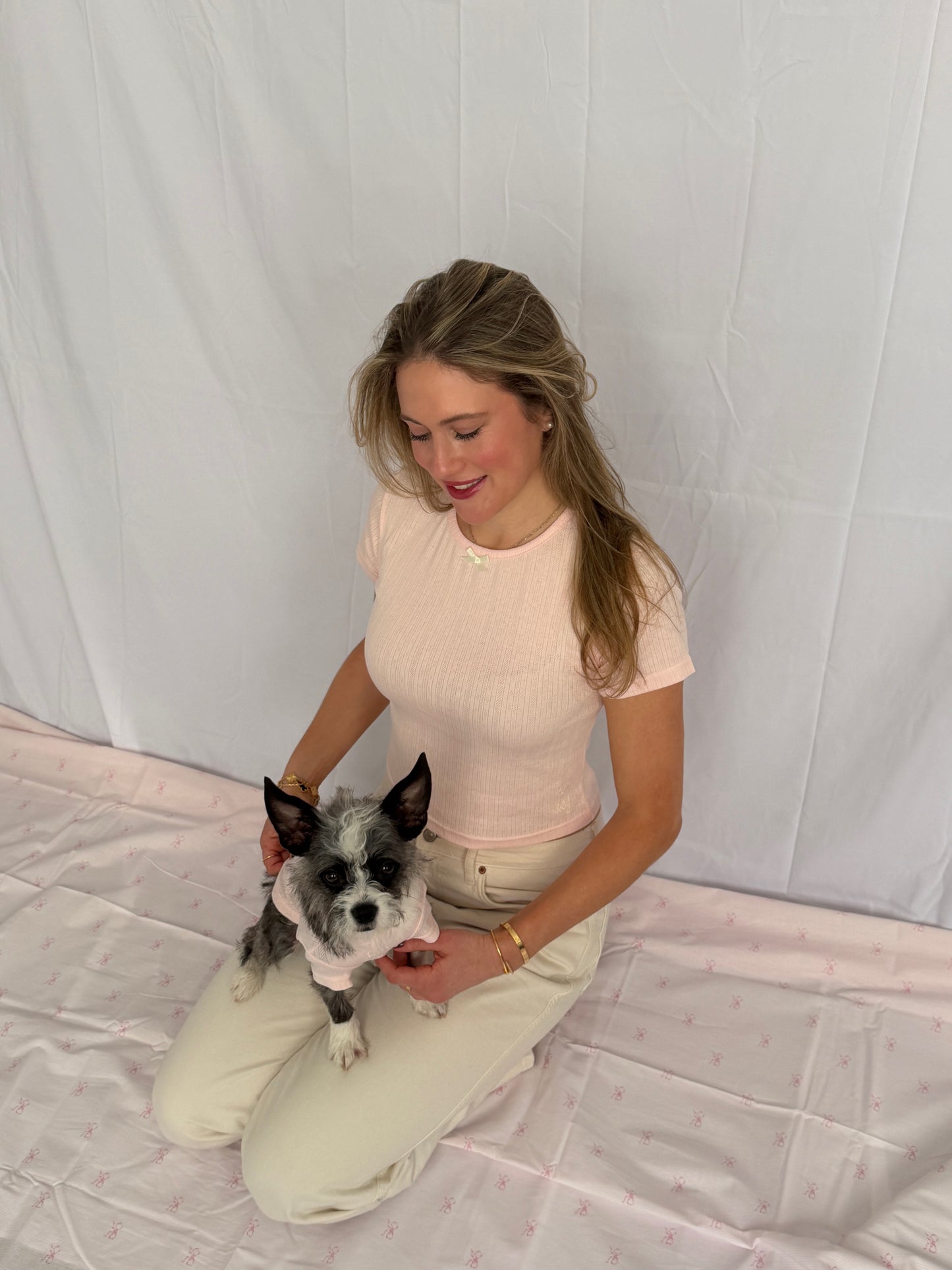The Pointelle Tee Set in blush pink, detail