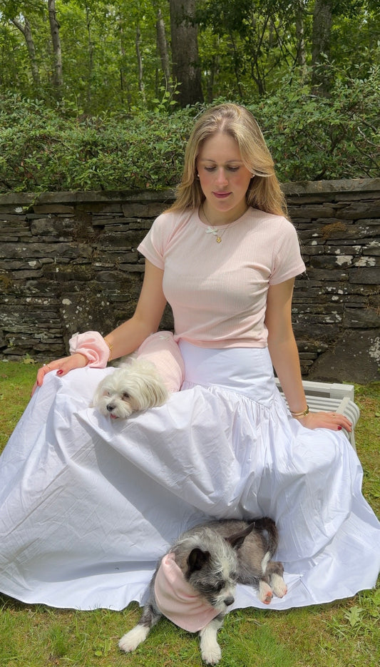 Complete Pointelle Set in blush pink: baby tee, dog tee, dog bandana, and scrunchie