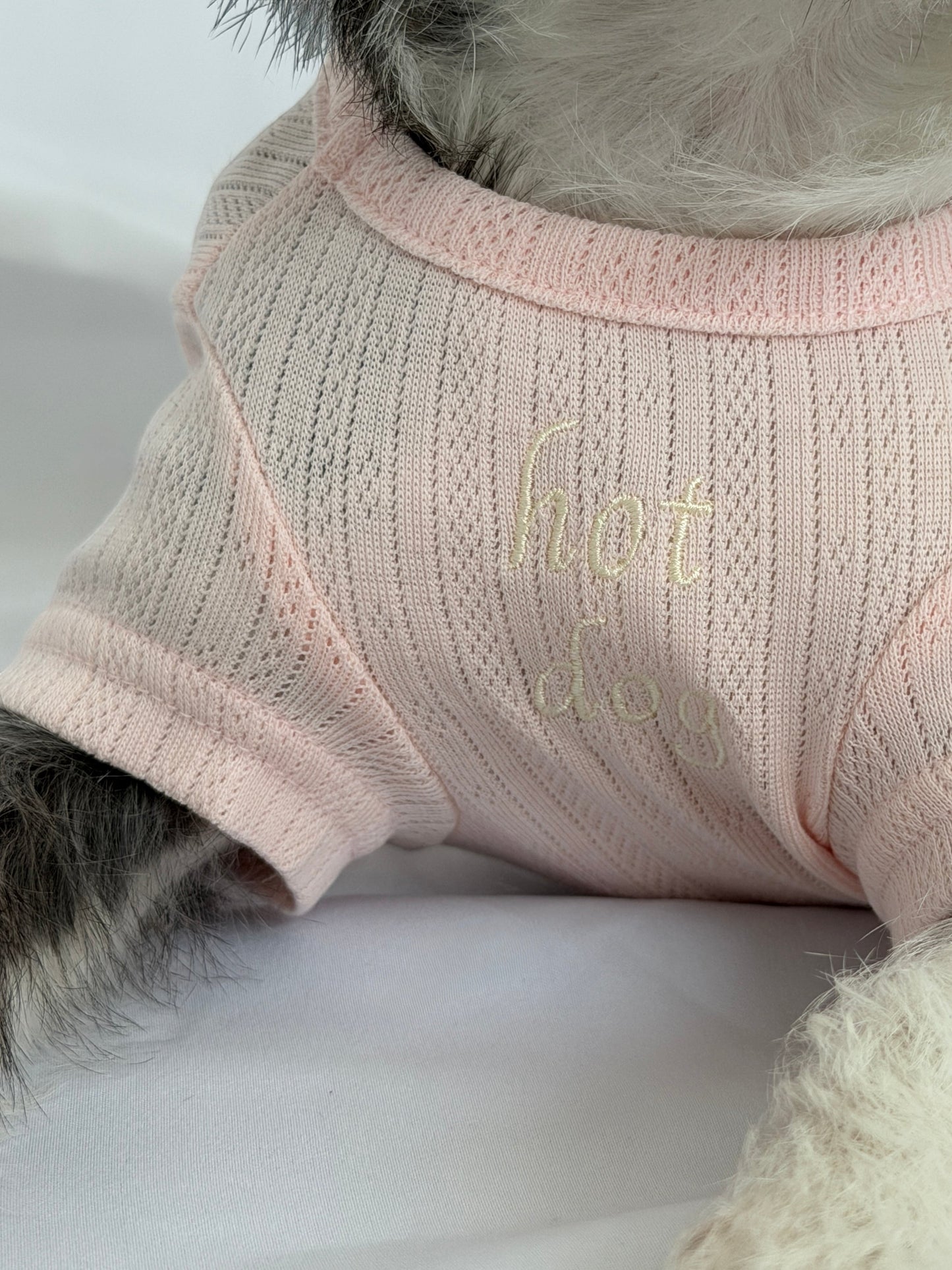 hot dog blush pink pointelle knit dog tee with cream embroidery and short sleeves