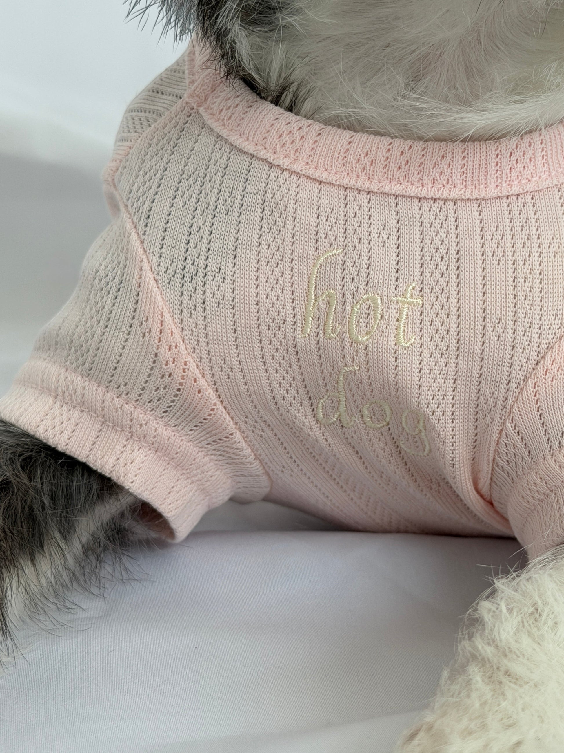 hot dog blush pink pointelle knit dog tee with cream embroidery and short sleeves