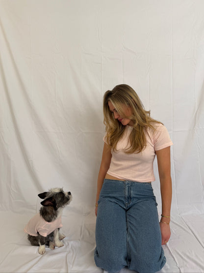 hot dog blush pink pointelle knit baby tee and matching dog tee set. Model wears tee and jeans.