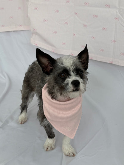 hot dog pointelle dog bandana in blush pink cotton-spandex with embroidered HD monogram. Adjustable tie closure.
