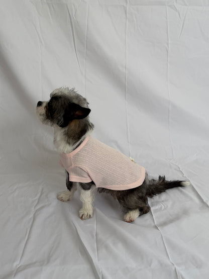 hot dog blush pink pointelle knit dog tee with cream ribbon bow detail