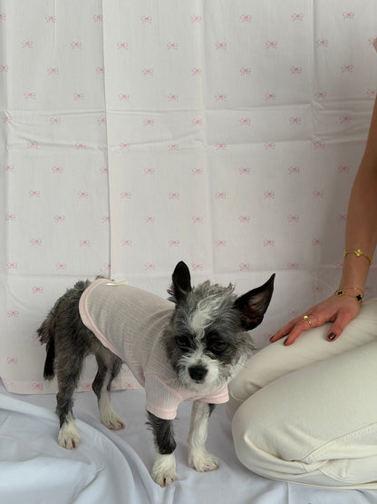 hot dog blush pink pointelle knit dog tee with cream ribbon bow detail. Cotton blend, short sleeves.
