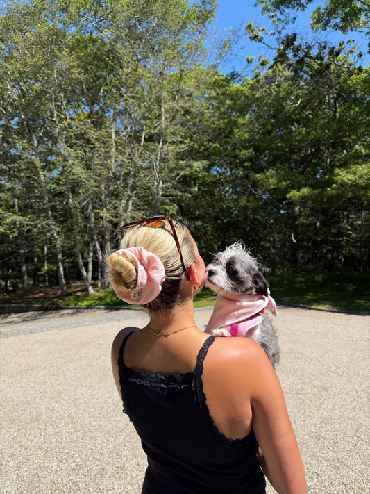 Pointelle Bandana and Scrunchie Set in blush pink pointelle knit